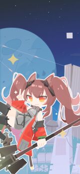 Rule 34 | 1girl, :3, absurdres, angelina (arknights), animal ears, arknights, arknights: endfield, black thighhighs, boots, bracelet, brown boots, brown hair, coat, commentary request, deformed, dress, floating, foot out of frame, fox ears, fox girl, gilberta (arknights), grey dress, headpiece, high collar, highres, holding, holding staff, infection monitor (arknights), jewelry, keirono, light blush, long hair, long sleeves, looking at viewer, moon, multicolored eyes, night, no nose, no pupils, off shoulder, open clothes, open coat, orange eyes, outdoors, protected link, red coat, red eyes, short dress, solo, sparkle, staff, star (sky), thighhighs, twintails, twitter username, two-tone eyes, v