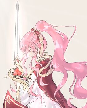 Rule 34 | 1girl, bow, brown background, brown eyes, cape, closed mouth, collared dress, commentary request, cowboy shot, cross, cross earrings, dress, earrings, expressionless, frilled dress, frills, from side, hair bow, heart, high collar, high ponytail, highres, holding, holding sword, holding weapon, jewelry, juliet sleeves, light chaser (miracle nikki), light frown, long hair, long sidelocks, long sleeves, mengbohe, miracle nikki, nikki (nikki), nikki (series), pink hair, pleated dress, pointy nose, ponytail, puffy sleeves, red bow, red cape, sidelocks, simple background, solo, sword, two-tone bow, very long hair, wavy hair, weapon, white dress, wide sleeves, yellow bow