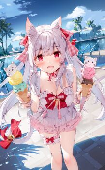 1girl :d absurdres animal_ear_fluff animal_ears bare_shoulders bell blue_sky bow breasts cat_ears cat_girl cat_tail chair cleavage cloud collarbone commentary_request cowboy_shot day dress food frilled_thigh_strap gingham_bow haconect highres holding holding_food holding_ice_cream ice_cream long_hair looking_at_viewer lounge_chair medium_breasts meido_shirone miyase_mahiro open_mouth outdoors palm_tree parasol pool red_bow red_eyes second-party_source sky sleeveless sleeveless_dress smile solo standing strawberry_hat tail tail_bell tail_bow tail_ornament thigh_strap tree umbrella virtual_youtuber white_hair wrist_cuffs