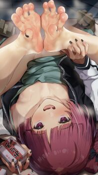 1girl alcohol_carton bare_legs barefoot black_nails blunt_bangs blush bocchi_the_rock! bow commentary_request commission dress drink_carton fang feet foot_focus foot_pussy green_dress hair_bow highres hiroi_kikuri jacket knees_apart_feet_together long_hair looking_at_viewer multicolored_jacket nail_polish no_panties nonohachi open_mouth pixiv_commission purple_eyes purple_hair shiny_skin smile soles solo spread_toes sweat toenail_polish toenails toes two-tone_jacket