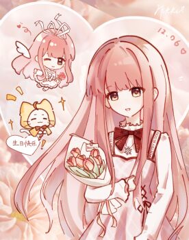 Rule 34 | !, 2girls, ^ ^, angel wings, animal, bib collar, bloom poetry (shining nikki), blunt bangs, bouquet, bow, bowtie, brown eyes, cat, character name, chibi, chinese text, clenched hand, cloak, closed eyes, closed mouth, clothed animal, clothes writing, collared shirt, commentary request, cross-laced clothes, cross-laced dress, daisy (flower), dated, detached wings, dress, dress ribbon, dual persona, ear covers, floral background, flower, frilled dress, frilled shirt collar, frilled sleeves, frills, hair intakes, hair ribbon, happy, happy birthday, heart, heart background, highres, holding, holding bouquet, holding flower, holding paintbrush, hood, hood up, hooded cloak, juliet sleeves, long hair, long sidelocks, long sleeves, medium dress, momo (nikki), multiple girls, nikki (nikki), nikki (series), one eye closed, open mouth, paintbrush, pinafore dress, pink dress, pink flower, pink hair, pink rose, plaid clothes, plaid dress, pleated dress, puffy sleeves, red bow, red bowtie, red flower, red ribbon, ribbon, rose, shining nikki, shirt, shoes, sidelocks, single wing, sleeveless, sleeveless dress, sleeves past wrists, smile, snowflake necklace, speech bubble, traditional bowtie, tulip, very long hair, wavy hair, white cat, white dress, white ribbon, white shirt, white shoes, white wings, wings, woyinchaxianla, yellow cloak