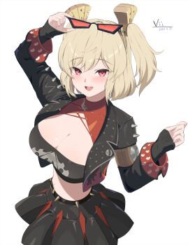 1girl absurdres adjusting_eyewear artist_name belt black-framed_eyewear black_belt black_jacket black_skirt blonde_hair breasts burnice_white cleavage commentary_request crop_top cropped_jacket dated eyewear_on_head flame_print hair_ornament hands_up highres jacket large_breasts long_sleeves looking_at_viewer midriff open_clothes open_jacket open_mouth red-tinted_eyewear red_eyes simple_background skirt smile solo spiked_belt spiked_jacket sunglasses teeth tinted_eyewear twintails upper_teeth_only vii22581034 white_background zenless_zone_zero