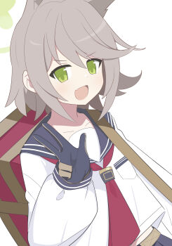 1girl :d absurdres animal_ears black_gloves black_sailor_collar blue_archive blush brown_hair commentary_request extra_ears fang fenrir-banana fox_ears fox_girl gloves green_eyes green_halo halo hand_up highres long_sleeves looking_at_viewer neckerchief open_mouth otogi_(blue_archive) red_neckerchief sailor_collar school_uniform serafuku shirt sidelocks simple_background skin_fang smile smug solo swept_bangs two-sided_gloves upper_body v-shaped_eyebrows w white_background white_shirt
