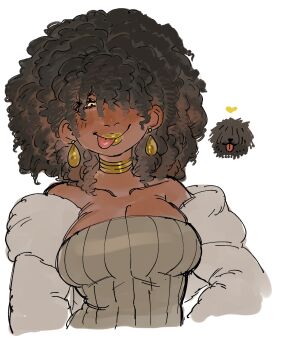 1girl big_hair black_hair breasts cleavage closed_mouth collarbone commentary creature_and_personification dancho_no_mori dark-skinned_female dark_skin dog earrings gold_earrings gold_lips hair_over_one_eye heart highres jewelry lips medium_breasts neck_ring original personification puli short_hair simple_background smile symbol-only_commentary tongue tongue_out white_background yellow_eyes