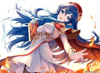 1girl absurdres armpits black_pantyhose blue_eyes blue_hair blush book bracelet breasts cape capelet dress elbow_gloves fire fire_emblem fire_emblem:_the_binding_blade fire_emblem_heroes gloves hat highres holding holding_book jewelry large_breasts lilina_(fire_emblem) lilina_(firelight_leader)_(fire_emblem) long_hair looking_at_viewer nintendo open_mouth pantyhose red_cape red_capelet red_hat ryo-suzuki sleeveless sleeveless_dress smile solo white_dress white_gloves