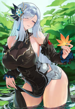 1girl black_dress black_sleeves blue_nails breasts china_dress chinese_clothes detached_sleeves dress genshin_impact grey_hair hair_ornament half-closed_eyes highres holding holding_leaf kan_qianhuilan large_breasts leaf long_hair official_alternate_costume parted_lips pelvic_curtain see-through_cleavage see-through_clothes shenhe_(frostflower_dew)_(genshin_impact) shenhe_(genshin_impact) sideless_dress sleeveless sleeveless_dress solo wading water