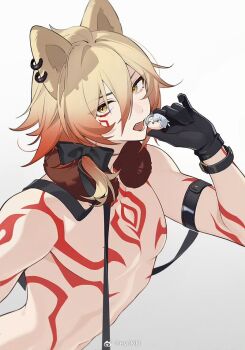 Rule 34 | 1boy, animal ears, arm strap, arm tattoo, armlet, black bow, black gloves, blonde hair, bow, cat boy, cat ears, chest tattoo, commentary request, earrings, eyokiki, facial tattoo, fang, gloves, gold earrings, gold necklace, gradient hair, honkai: star rail, honkai (series), jewelry, male focus, medium hair, multicolored hair, mydei (honkai: star rail), necklace, phainon (honkai: star rail), red hair, red tattoo, solo, tattoo, topless male, watermark, weibo watermark, yellow eyes