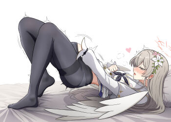 1girl black_pantyhose blue_archive breasts brown_eyes brown_hair capelet clothed_masturbation dress feathered_wings female_masturbation flower gosyamadaiji hair_flower hair_ornament halo hand_in_own_panties high_heels highres long_hair long_sleeves low_wings lying masturbation nagisa_(blue_archive) on_back panties panties_under_pantyhose pantyhose pink_flower pink_halo small_breasts solo thighband_pantyhose underwear very_long_hair white_capelet white_dress white_flower white_wings wings