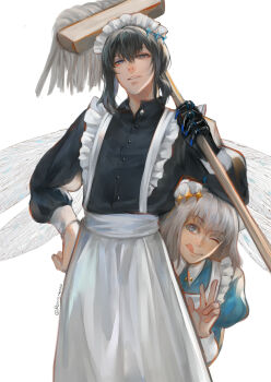 2boys absurdres alternate_costume apron black_dress blue_eyes crossdressing crossdressing_(mtf) dragonfly_wings dress enmaided fate/grand_order fate_(series) grey_hair hair_between_eyes hashtag-only_commentary highres holding holding_mop licking_lips maid maid_headdress male_focus male_maid mop multiple_boys oberon_(fate) oberon_(first_ascension)_(fate) oberon_(third_ascension)_(fate) parted_lips peeking_out renrenka_noi short_hair simple_background tongue tongue_out white_apron white_background