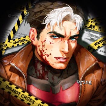 1boy bat_signal batman_(series) batman_symbol black_bodysuit black_hair blood blood_on_face blue_eyes bodysuit brown_jacket dc_comics grey_bodysuit jacket jason_todd male_focus multicolored_bodysuit multicolored_hair muscular muscular_male open_clothes red_hood_and_the_outlaws sariko011112 short_hair superhero_costume taut_bodysuit two-tone_bodysuit two-tone_hair