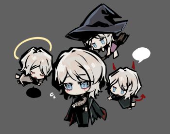 4girls angel_and_devil black_coat black_pants black_vest brown_sweater chibi coat commentary demon_horns faust_(project_moon) flying_sweatdrops grey_background halo hat horns id_card limbus_company long_sleeves multiple_girls multiple_persona official_art pants project_moon short_hair simple_background sweater vest white_hair witch_hat