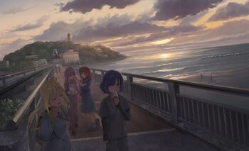 4girls ^_^ absurdres alternate_costume ayanagi0319 backpack bag beach black_shirt blonde_hair blue_dress blue_hair blue_shirt blue_shoes bocchi_the_rock! bridge building closed_eyes closed_mouth cloud cloudy_sky collared_shirt commentary_request dot_nose dress dutch_angle evening gotoh_hitori grey_pants grey_shirt hair_between_eyes highres hill holding holding_ice_cream_cone holding_paper horizon ice_cream_cone ijichi_nijika jacket kessoku_band kita_ikuyo lamppost layered_sleeves long_bangs long_hair long_sidelocks long_sleeves looking_at_another medium_dress multiple_girls necktie ocean open_mouth outdoors pants paper people pink_hair pink_jacket pink_pants polka_dot_necktie railing red_hair red_necktie scenery shirt shoes short_hair short_over_long_sleeves short_sleeves side_ponytail sidelocks sky sleeves_past_wrists slice_of_life standing yamada_ryo