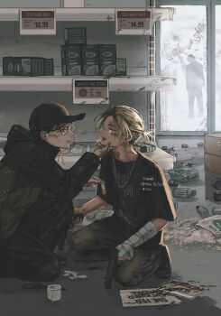 2boys absurdres adam&#039;s_apple arm_up bandaged_arm bandages bandaid baseball_cap black-framed_eyewear black_hair black_hat black_pants black_se_sa_mi black_shirt blonde_hair blood blood_on_face blood_on_window blood_splatter box brown_eyes cardboard_box closed_eyes commentary_request debris dirty dirty_face english_text gauze glasses grocery_store gun hand_on_another&#039;s_face handgun hat highres holding holding_bandaid holding_gun holding_weapon hood hood_down hooded_jacket injury jacket jewelry knife looking_at_viewer male_focus multiple_boys necklace open_mouth original pants plastic_bottle ponytail print_shirt shirt short_hair short_ponytail short_sleeves smile teeth twitter_username upper_teeth_only weapon window zombie