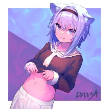 1girl :q animal_ear_fluff animal_ears black_hairband cat_ears cat_girl clothes_lift commentary_request crossed_bangs hair_between_eyes hairband hatomugi_seika highres hololive lifting_own_clothes long_sleeves looking_at_viewer navel nekomata_okayu nekomata_okayu_(school_uniform) purple_eyes purple_hair sailor_collar shirt_lift short_hair shorts solo stomach tongue tongue_out virtual_youtuber white_sailor_collar white_shorts
