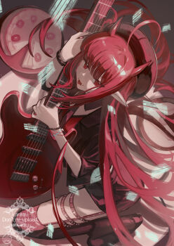 1girl ahoge arknights arm_up beret black_boots black_jacket black_skirt boots brown_hat brown_thighhighs commentary_request cropped_jacket demon_horns electric_guitar fangs guitar hat hemorina highres holding holding_instrument horns instrument jacket long_hair long_sleeves looking_at_viewer open_clothes open_jacket pointy_ears red_eyes red_hair red_shirt shirt skirt solo thighhighs thighhighs_under_boots tongue tongue_out very_long_hair vigna_(arknights) vigna_(black_wave)_(arknights) watermark