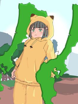 Rule 34 | 1girl, :c, animal ear hood, animal ears, black hair, blunt bangs, closed mouth, cowboy shot, fake animal ears, floating, floating object, flower, flower knot, fox ears, fox girl, fox tail, frown, green eyes, hair flower, hair ornament, highres, holiday holiday (love live!), holiday holiday (tenko) (love live!), hood, hood up, hoodie, ishikawa prefecture, link! like! love live!, long sleeves, love live!, momose ginko, outdoors, pants, pink flower, sinjukuiti, solo, tail, virtual youtuber, yellow hoodie, yellow pants