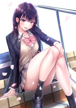 1girl artist_request black_hair black_jacket black_shoes black_socks blazer bow bowtie breasts collared_shirt convenient_leg earrings falling_petals grey_skirt hand_on_own_knee highres jacket jewelry loafers long_hair long_sleeves looking_at_viewer medium_breasts momojiri_serika official_art open_clothes open_jacket open_mouth petals pink_bow pink_bowtie pink_eyes pink_petals plaid_clothes plaid_skirt pleated_skirt school_uniform seifuku_kanojo shirt shoes sitting sitting_on_stairs skirt smile socks solo stairs white_shirt