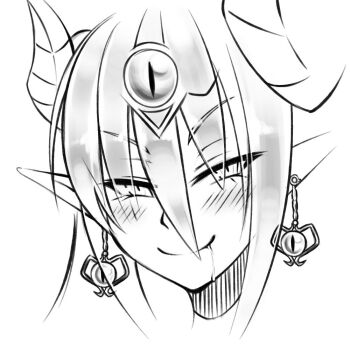 1girl blush closed_mouth commentary curled_horns demon_girl demon_horns drooling earrings english_commentary eyes_visible_through_hair greyscale hair_between_eyes half-closed_eyes horns jewelry kenkou_cross_(style) loen long_hair looking_at_viewer monochrome monster_girl_encyclopedia pointy_ears portrait saliva segmented_horns slit_pupils smile solo succubus_(monster_girl_encyclopedia)