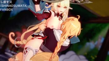 1boy 1girl 3d :o aether_(genshin_impact) ahoge alice_(genshin_impact) animated arms_around_waist ass_ripple ass_shake bare_shoulders black_gloves blinking blonde_hair blue_sky bottomless braid breast_sucking breasts breasts_out chair clenched_teeth clothes_lift cloud cloudy_sky cowgirl_position detached_collar detached_sleeves dress dress_lift elf eyelashes genshin_impact gloves gradient_hair grin hair_ornament half-closed_eyes hand_on_another's_head happy_sex head_tilt large_breasts light_rays long_hair looking_at_another looking_at_viewer looking_down mature_female messy_hair multicolored_hair nipples on_chair one_eye_closed open_clothes open_dress orange_eyes outdoors partially_undressed pillar pointy_ears red_dress riding scarf sex shinaosumata short_sleeves sidelocks single_braid sitting sitting_on_person skirt skirt_lift sky smile straddling swept_bangs table tagme teeth thick_eyelashes thighhighs thighs tongue turning_head very_long_hair video white_thighhighs wide_sleeves wink winking_(animated) wooden_chair wooden_table