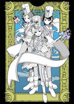 3boys absurdres blue_eyes border bow closed_mouth commentary crescent epaulettes flag formal_clothes green_eyes heart highres holding holding_flag idol_clothes idol_time_pripara jacket long_sleeves looking_at_viewer male_focus mitaka_asahi multiple_boys open_mouth pants partially_colored picture_frame pretty_series pripara sash shiso_(asixfy) short_hair shoulder_sash smile standing star_(symbol) suit takase_koyoi yellow_eyes yumekawa_shogo