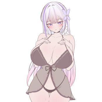 1girl babydoll black_panties blush breasts character_request closed_mouth collarbone commentary_request cowboy_shot curvy double-parted_bangs flat_color gluteal_fold grey_babydoll hair_ornament hands_on_own_chest highleg highleg_panties highres huge_breasts indie_virtual_youtuber long_hair looking_at_viewer multicolored_hair navel panties purple_eyes purple_streaks rapid17 see-through_babydoll see-through_clothes simple_background solo streaked_hair transparent_background underwear virtual_youtuber white_hair