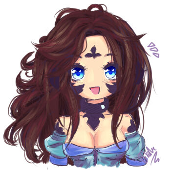 Rule 34 | 1girl, artist name, blue eyes, facial mark, female focus, forehead mark, gorget, highres, original, signature, solo, tinyqote