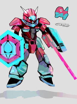 Rule 34 | absurdres, dated, energy sword, floating, gen 1 pokemon, grey background, highres, mecha, nintendo, personification, pokemon, pokemon (creature), porygon, reference inset, robot, shadow, shield, signature, sukepmonster, sword, weapon