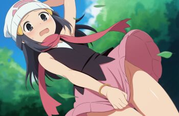 1girl bare_shoulders beanie black_eyes blue_hair blush curakuru dawn_(pokemon) female_focus hat highres leaf long_hair miniskirt nintendo no_panties open_mouth outdoors petite pink_skirt pokemon pokemon_diamond/pearl/platinum red_scarf scarf skirt solo standing sweatdrop