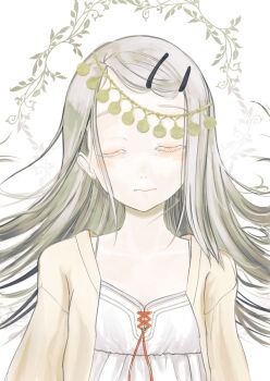 1girl bikkuri_doubutsu brown_robe camisole closed_eyes closed_mouth colored_eyelashes commentary_request earrings facing_viewer gakuen_idolmaster grey_hair hair_ornament hair_spread_out hairclip head_wreath idolmaster jewelry long_hair open_clothes open_robe parallel_hairclips parted_bangs red_ribbon ribbon robe shinosawa_hiro solo stud_earrings upper_body white_background white_camisole