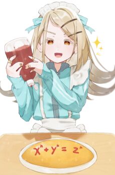 1girl :d absurdres alternate_costume apron aqua_bow aqua_jacket bandaid bandaid_on_finger bandaid_on_hand bottle bow commentary_request dim_crescendo earrings enmaided equation fermat&#039;s_last_theorem flipped_hair food food_writing frilled_apron frills gakuen_idolmaster hair_ornament hairclip hands_up headdress heart heart_earrings highres holding holding_bottle idolmaster jacket jersey_maid jewelry ketchup ketchup_bottle light_blush long_hair long_sleeves looking_down maid maid_apron maid_headdress math omelet omurice open_mouth parallel_hairclips plate shinosawa_hiro signature simple_background sleeves_past_wrists smile solo sparkle striped_clothes striped_jacket stud_earrings table tenshi_kaiwai track_jacket unconventional_maid upper_body vertical-striped_clothes vertical-striped_jacket waist_apron watermark watermark_grid white_apron white_background white_headdress zipper zipper_pull_tab