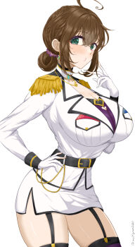 Rule 34 | 1girl, ahoge, breasts, brown hair, chamumi (mochiumee), cowboy shot, epaulettes, female admiral (kancolle), fingerless gloves, folded ponytail, garter belt, gloves, green eyes, hand on own hip, highres, jacket, kantai collection, large breasts, looking at viewer, military jacket, miniskirt, navel, open mouth, original, pencil skirt, simple background, sitting, skirt, smile, solo, thighhighs, white background, white gloves, white jacket
