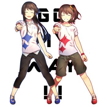 2girls black_hair black_pants blue_outline blue_shoes brown_hair closed_eyes facing_viewer floating_hair full_body grey_shorts grin hair_ornament hair_scrunchie hairclip highres idolmaster idolmaster_million_live! idolmaster_million_live!_(anime) kasuga_mirai long_hair mogami_shizuka multiple_girls one_side_up open_mouth outline outstretched_arm pants pclbang print_shirt red_outline red_shoes scrunchie shirt shoes short_hair short_sleeves shorts side-by-side simple_background smile standing white_background white_shirt