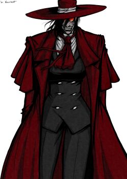 1girl alucard_(hellsing) black_hair boots breasts female_focus formal_clothes genderswap genderswap_(mtf) gloves hair_over_eyes hellsing highres jacket jacket_on_shoulders large_breasts long_hair magic smile smirk smug solo suit threatening vampire very_long_hair white_gloves