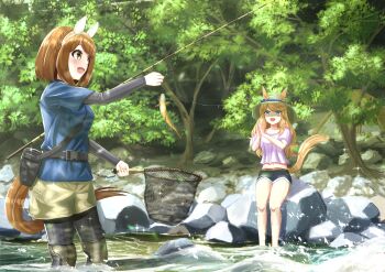 2girls animal_ears black_pants black_shorts blonde_hair blue_eyes blue_jacket blush brown_eyes brown_hair commentary_request ear_covers ears_through_headwear fishing fishing_net fishing_rod fusou_(fuso0205) gold_city_(umamusume) green_shorts hairband hat highres holding holding_fishing_rod holding_net horse_ears horse_girl horse_tail jacket long_sleeves multiple_girls nature open_mouth pants purple_shirt shirt short_hair short_shorts short_sleeves shorts sitting soaking_feet stream t-shirt tail umamusume white_hairband white_hat yukino_bijin_(umamusume)