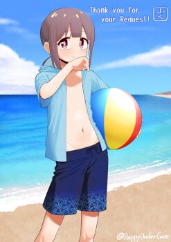 1girl androgynous artist_name ball beach beachball blue_hair blue_hoodie blue_swim_trunks blunt_bangs brown_hair commentary commission day double-parted_bangs english_text flat_chest happyundergate highres holding holding_ball holding_beachball hood hood_down hoodie hozuki_momiji loli looking_at_viewer male_swimwear male_swimwear_challenge multicolored_hair navel onii-chan_wa_oshimai! open_clothes open_hoodie outdoors ponytail puffy_short_sleeves puffy_sleeves red_eyes short_hair short_ponytail short_sleeves skeb_commission smile solo twitter_username two-tone_hair