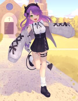 1girl :d absurdres ankle_boots belt black_boots black_hat black_skirt blue_sky boots braid cardigan church colored_inner_hair cross day demon_girl demon_tail ear_piercing earrings fake_horns fang french_braid full_body grass green_eyes grey_jacket hair_bun hair_ornament hairclip hat heart heart_o-ring high-waist_skirt highres hololive horned_headwear horns jacket jewelry jirai_kei lace-up_boots latin_cross leg_tattoo long_hair looking_at_viewer miniskirt multicolored_hair o-ring o-ring_thigh_strap official_alternate_costume one_eye_closed one_side_up open_clothes open_jacket open_mouth outdoors outstretched_arms path piercing pink_hair pleated_skirt pointy_ears purple_hair road shirt single_hair_bun single_side_bun skirt sky smile socks solo spread_arms standing standing_on_one_leg streaked_hair tail tail_ornament tail_piercing tattoo thigh_strap tokoyami_towa tokoyami_towa_(jirai_kei) tokoyami_towa_(new_year) virtual_youtuber white_shirt white_socks yoako