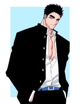 Rule 34 | 1boy, aged down, bara, belt, black hair, black jacket, black pants, blue belt, blue eyes, bodybuilder, broad shoulders, collarbone, cowboy shot, domo (domo kizusuki), gakuran, hands in pockets, highres, jacket, kokado shido (domo), large pectorals, light smile, long sleeves, male focus, manly, muscular, muscular male, original, pants, partially open shirt, pectoral cleavage, pectorals, school uniform, shirt, short hair, shredded muscles, sideburns, simple background, sketch, tareme, thick eyebrows, v-taper, white shirt