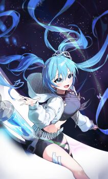 1girl absurdres ahoge aqua_eyes aqua_hair asymmetrical_clothes belt black_shirt black_shorts black_thighhighs blurry breasts commentary_request crop_top dna floating_hair hair_between_eyes hatsune_miku highres hood hoodie jacket jewelry long_hair medium_breasts monthyy12 multicolored_hair navel project_01:_time-loop ring shirt short_shorts shorts single_pantsleg single_thighhigh solo stomach thighhighs timeloop_miku torn_clothes torn_thighhighs twintails very_long_hair vocaloid white_belt white_hoodie white_jacket