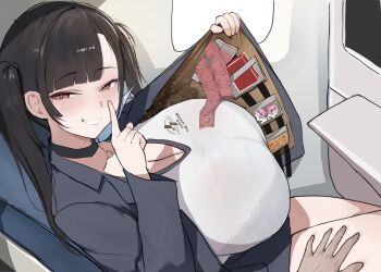 1girl airplane_interior black_choker black_hair blunt_bangs bra_visible_through_clothes breasts choker cleavage condom condom_box condom_packet_strip condom_wrapper finger_to_mouth goddess_of_victory:_nikke grin hand_on_another's_thigh highres hth5k huge_breasts index_finger_raised jacket looking_to_the_side miniskirt open_clothes open_jacket opened_by_self out_of_frame pink_eyes shushing sitting skirt smile sora_(nikke) twintails
