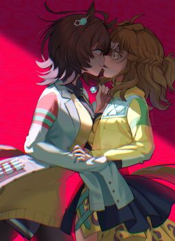 Rule 34 | 2girls, absurdres, agnes tachyon (tach-nology) (umamusume), agnes tachyon (umamusume), ahoge, animal ears, bandeau, biting, biting another's lip, black necktie, black pantyhose, blue skirt, braid, breasts, brown hair, chemical structure, coat, commentary, cork, earrings, english commentary, eye contact, hair between eyes, hair ornament, hairclip, half up braid, half up half down braid, highres, horse ears, horse girl, horse tail, jacket, jewelry, jungle pocket (champion's battle cry) (umamusume), jungle pocket (umamusume), kiss, lab coat, long sleeves, looking at another, medium hair, multiple girls, murabt075, necktie, notched ear, open clothes, pantyhose, parted lips, red eyes, shirt, short necktie, single earring, skirt, sleeves past fingers, sleeves past wrists, smile, sweater, sweater vest, tail, teeth, test tube, umamusume, white coat, wolf cut, yellow bandeau, yellow eyes, yellow jacket, yellow sweater, yellow sweater vest, yuri