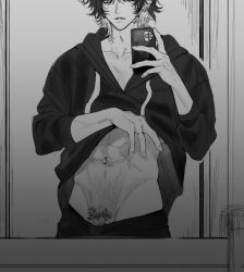 Rule 34 | 1boy, 88in, abs, black hoodie, clothes lift, clothes pull, collarbone, ear piercing, finger piercing, fingernails, greyscale, groin, highres, holding, holding phone, hood, hoodie, male focus, male pubic hair, medium hair, messy hair, mirror selfie, monochrome, multicolored hair, navel piercing, original, pants, pants pull, parted lips, pectoral cleavage, pectorals, penis, penis peek, phone, piercing, pubic hair, reflection, scar, scar on stomach, shirt lift, sleeves rolled up, solo, toned, toned male, two-tone hair, upper body, veins