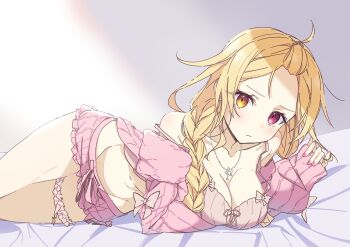 1girl :t absurdres ahoge babydoll bangs_pinned_back bed_sheet blonde_hair braid breasts camisole cleavage collarbone frilled_camisole frilled_shorts frilled_thigh_strap frills groin heterochromia highres hoshikawa_sara hoshikawa_sara_(7th_costume) jewelry large_breasts light_blush long_hair long_sleeves looking_at_viewer lying midriff navel necklace nijisanji on_bed on_side oninome_tsuki pink_babydoll pink_camisole pink_nails pink_shorts red_eyes shorts sleepwear spaghetti_strap star_(symbol) star_necklace strap_slip thigh_strap thighs virtual_youtuber yellow_eyes