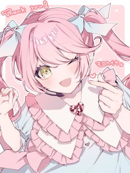 Rule 34 | 1girl, ;d, blush, bow, commission, finger heart, frilled shirt collar, frills, hair bow, headset, heart, highres, long hair, looking at viewer, one eye closed, open mouth, original, pink background, pink hair, pink nails, skeb commission, smile, solo, twintails, tznb last, yellow eyes