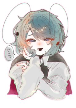 1girl antennae black_cape blue_eyes blush cape commentary_request cropped_torso fang green_hair hand_on_own_chin highres long_sleeves looking_at_viewer open_mouth red_cape shirt short_hair simple_background solo speech_bubble straight-on touhou translation_request two-sided_cape two-sided_fabric upper_body white_background white_shirt wn_love64 wriggle_nightbug