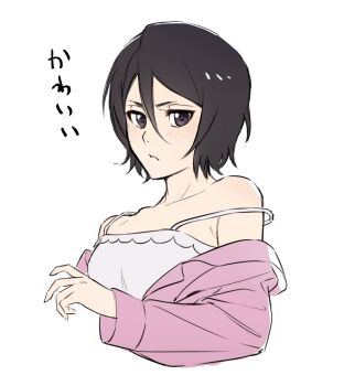 1girl black_eyes black_hair bleach blush camisole closed_mouth commentary_request cropped_torso hair_between_eyes konetaa kuchiki_rukia looking_at_viewer pajamas pink_pajamas pink_shirt shirt shirt_partially_removed short_hair simple_background solo translation_request white_background white_camisole