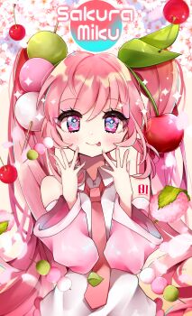 1girl absurdres aqua_nails arm_tattoo bare_shoulders blush character_name cherry_blossoms cherry_hair_ornament closed_mouth collared_shirt commentary_request dango detached_sleeves fingernails flower food food-themed_hair_ornament hair_between_eyes hair_ornament hatsune_miku highres koyubisennti long_hair long_sleeves looking_at_viewer miku_day nail_polish necktie number_tattoo pink_eyes pink_flower pink_hair pink_necktie power_symbol power_symbol-shaped_pupils sakura_miku sanshoku_dango shirt sleeveless sleeveless_shirt smile solo symbol-shaped_pupils tattoo twitter_username very_long_hair vocaloid wagashi white_shirt wide_sleeves