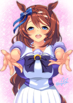 1girl animal_ears blue_eyes blue_shirt blush brown_hair highres horse_ears horse_girl kuga_zankurou long_hair looking_at_viewer open_mouth outstretched_arms shirt skirt smile solo super_creek_(umamusume) teeth umamusume upper_teeth_only very_long_hair white_skirt
