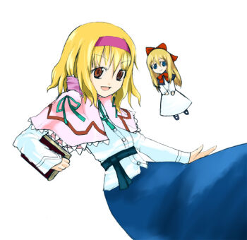 1girl alice_margatroid blonde_hair blue_skirt book capelet female_focus hairband long_sleeves orange_eyes shanghai_doll shirt short_hair simple_background skirt solo tank_(artist) touhou white_background white_shirt