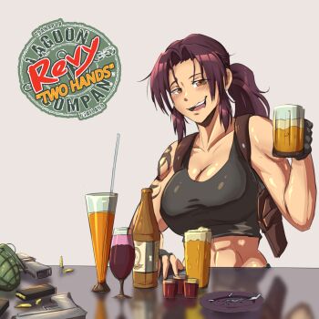 1girl :d abs alcohol ammunition arm_tattoo ashtray awildwildwes beer beer_mug black_gloves black_lagoon black_tank_top blush bottle breasts brown_eyes brown_hair collarbone crop_top cup drinking_glass drinking_straw explosive fingerless_gloves gloves grenade gun handgun holding holding_cup holster large_breasts logo looking_at_viewer magazine_(weapon) mug open_mouth photo-referenced revy_(black_lagoon) shot_glass shoulder_holster smile solo table tank_top tattoo toned toned_female upper_body weapon