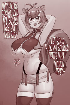 1girl animal_ear_fluff animal_ears antenna_hair armpits arms_behind_head blazblue blush breasts crop_top ekz_(robotekz) english_text highleg large_breasts makoto_nanaya midriff miniskirt motion_lines navel open_mouth red_theme shirt short_hair skirt sleeveless sleeveless_shirt solo sound_effects speech_bubble squirrel_ears squirrel_girl squirrel_tail tail teeth thighhighs thighs underboob upper_teeth_only